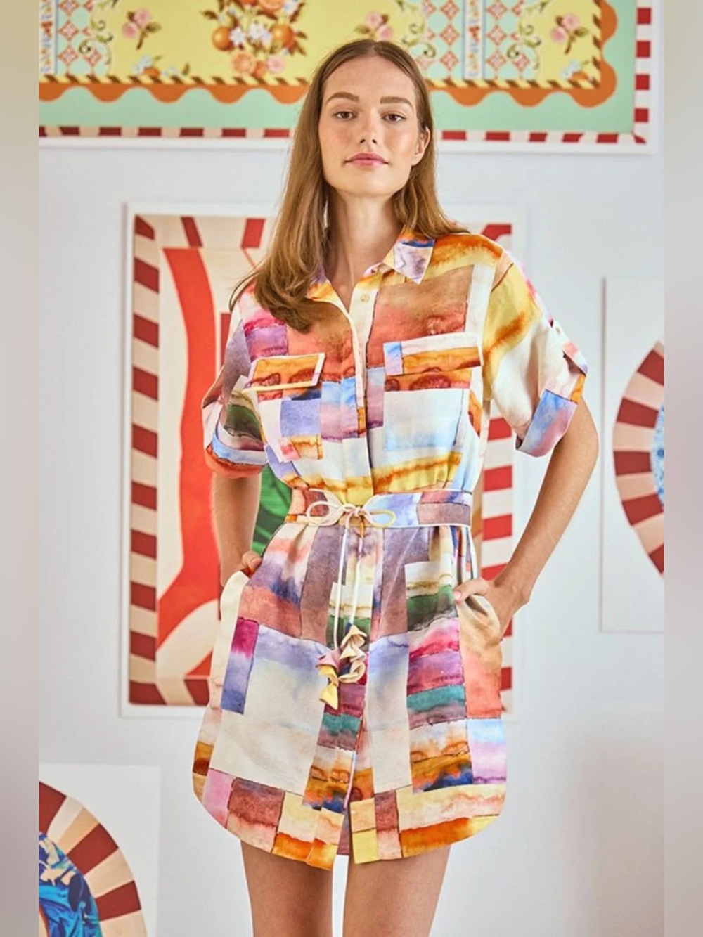 HUNTER BELL Nicole Watercolor Shirt Dress with Tie Waist